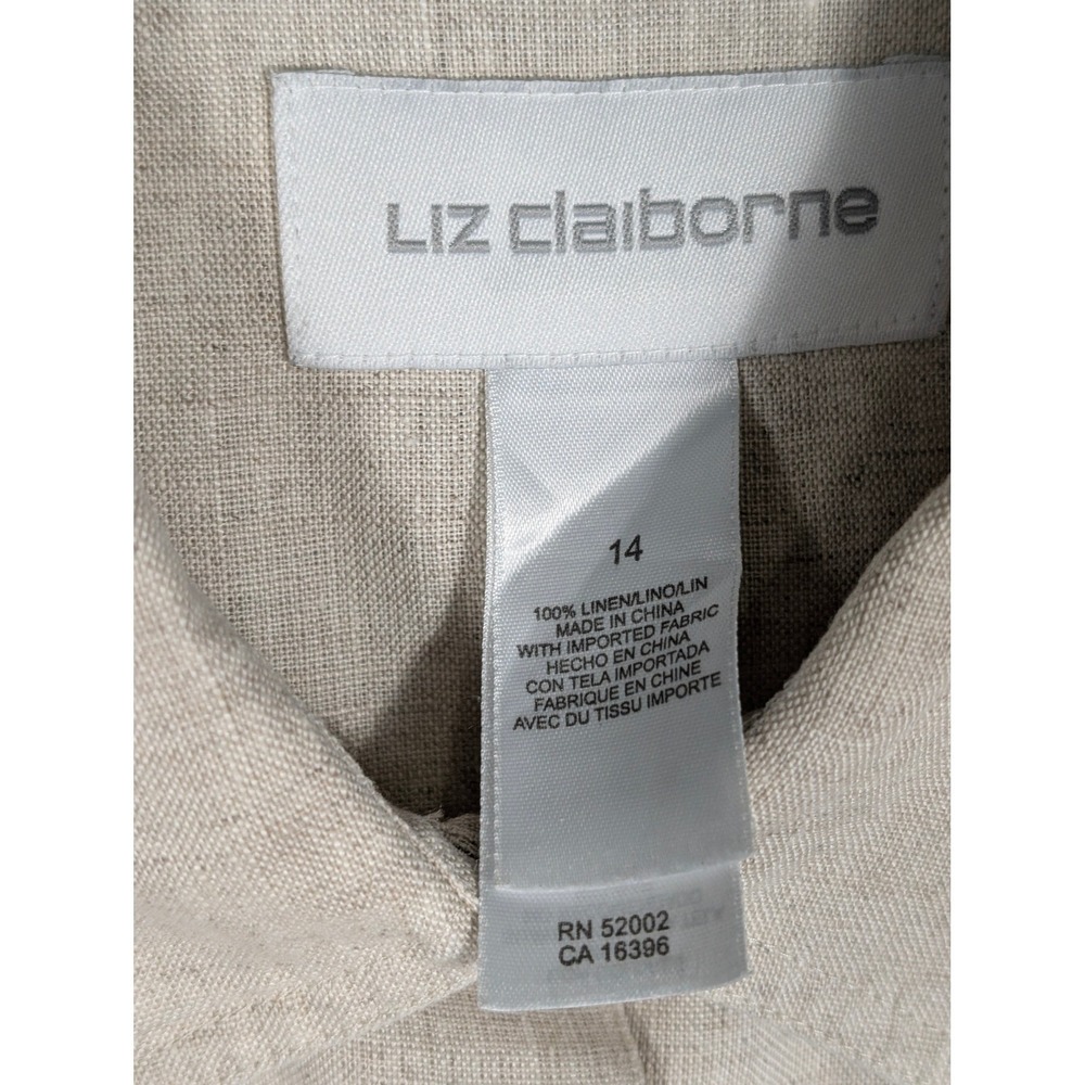 Women's 14 Liz Claiborne Beige Linen Button Front Shirt 3/4 Length Sleeves - Picture 5 of 9